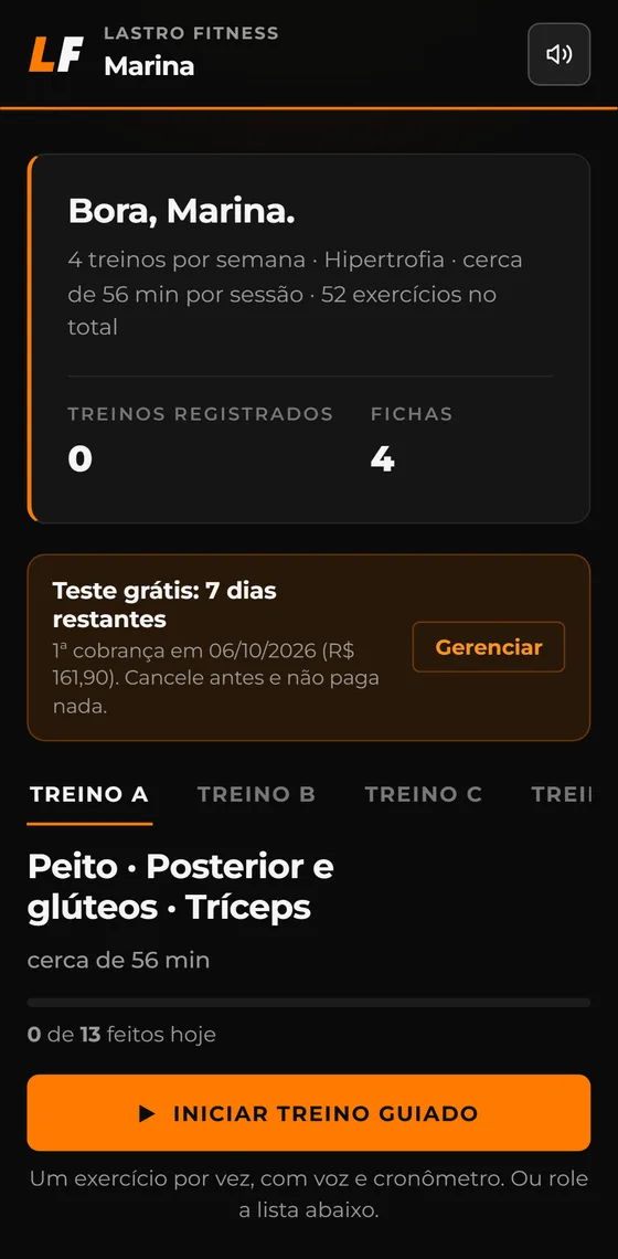 Tela do app mostrando o treino da semana